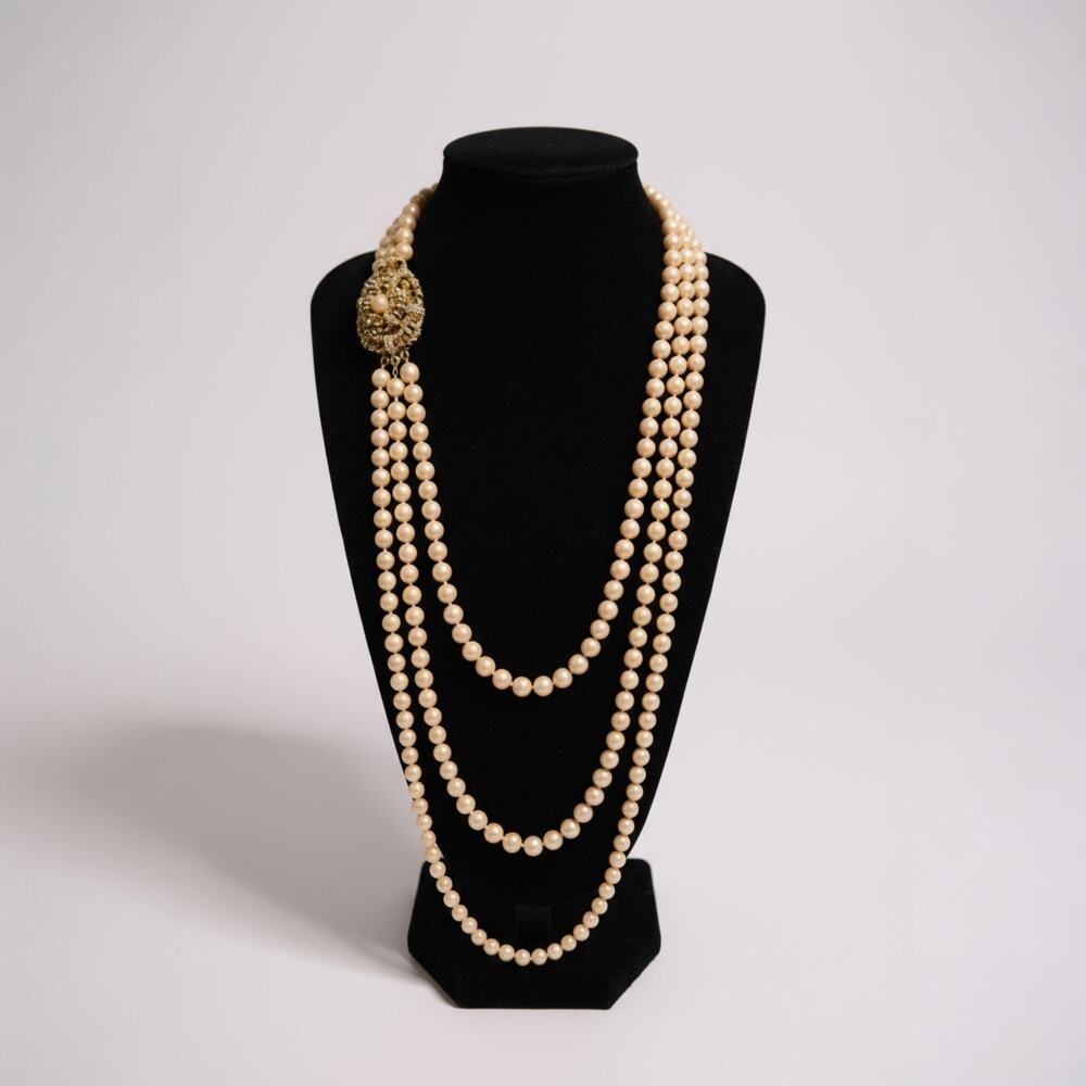 Givenchy Vintage Long Three Strand Faux Pearl Necklace Floral Rhinestone Clasp